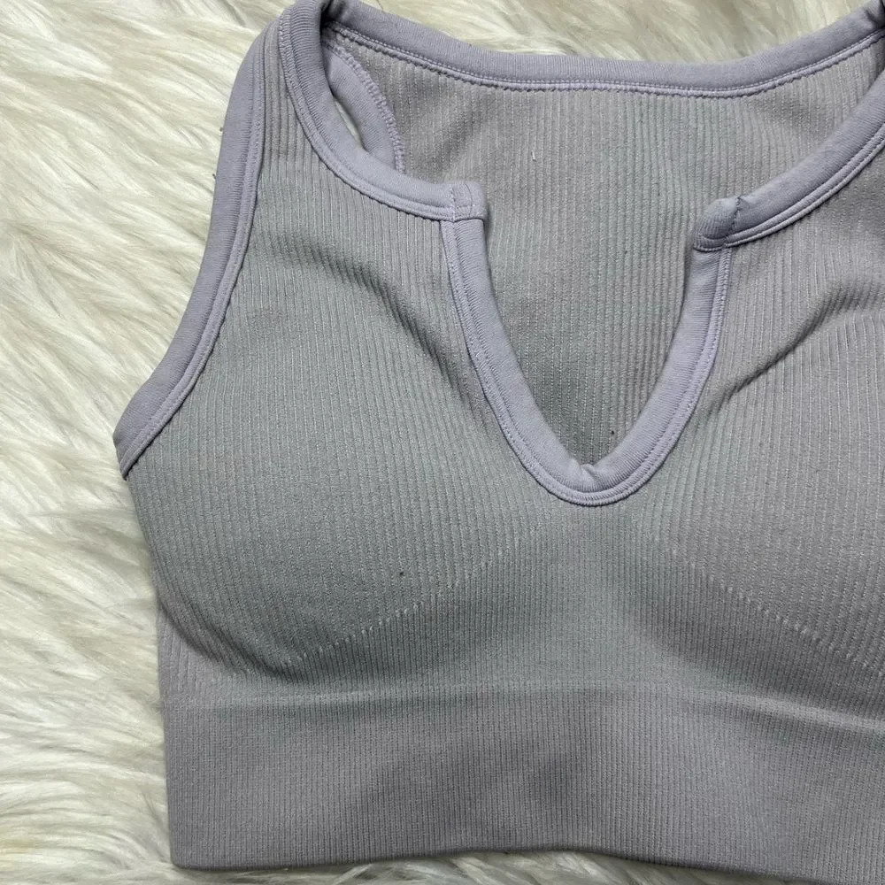 Ribbed Padded Athletic Crop Top Purple Grey Size XS